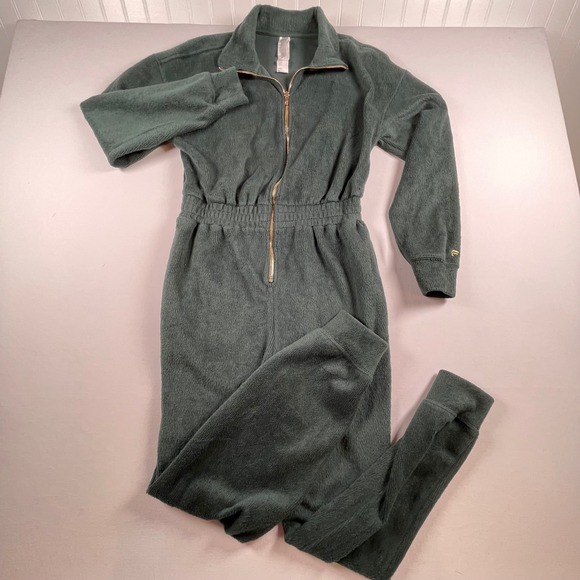 Fabletics Green‎ Soft Fuzzy Jumpsuit Gold Zip Loungewear Athleisure M - Picture 2 of 6